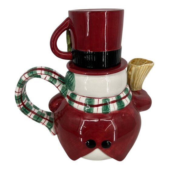 Fitz And Floyd Snack Therapy Snowman Teapot Cup Set Vintage Red Black with Box - Picture 3 of 14